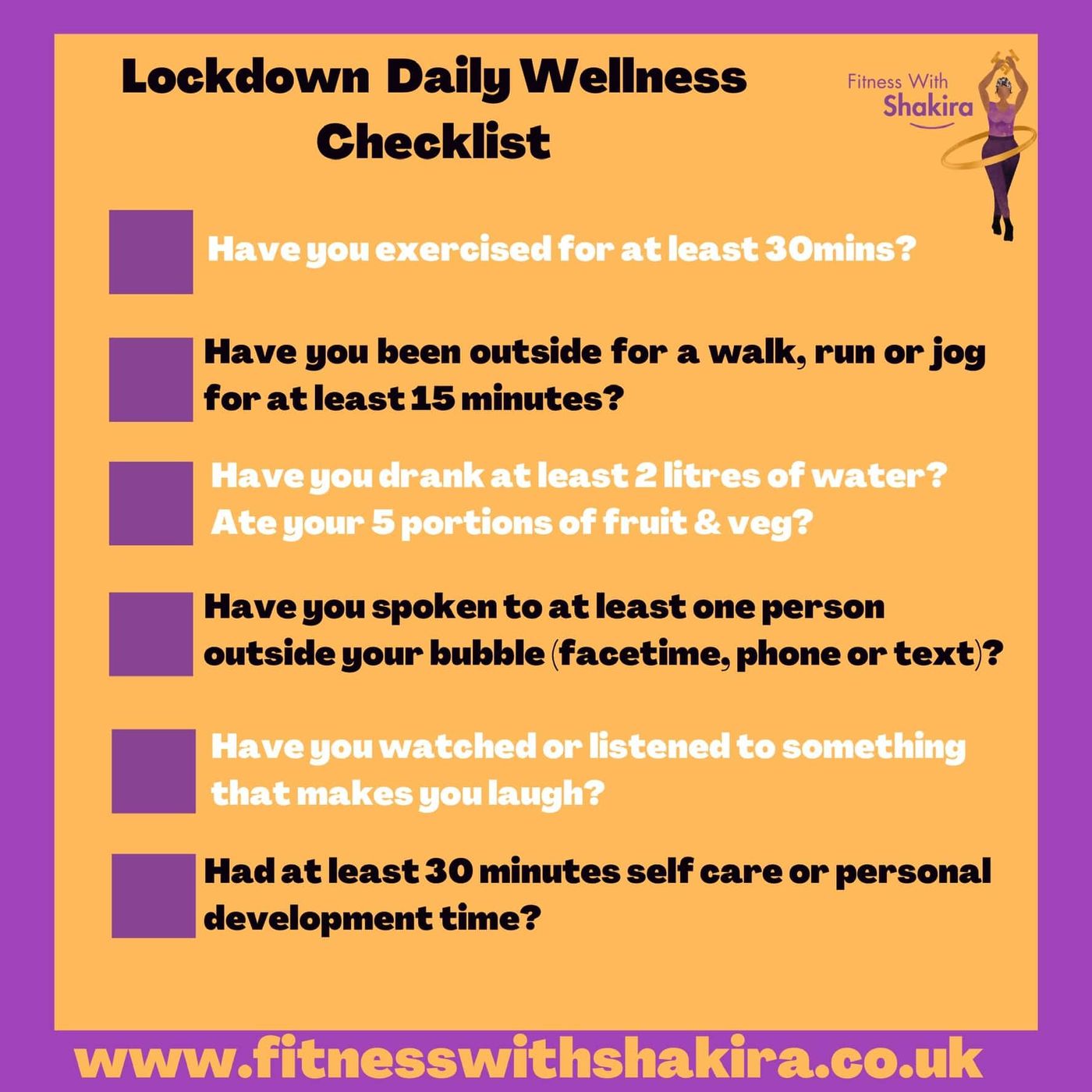 Happy Sunday Bua Fit family
Sharing my little daily wellness checklist that you may find useful to get you through the next few weeks and beyond.
Shak.😘